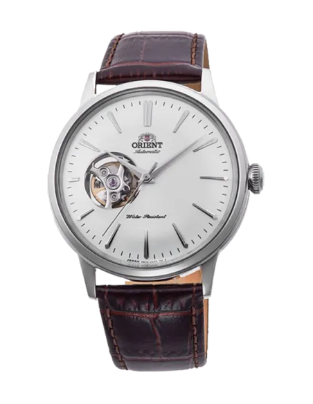 Reloj Hombre Automático Orient RA-AG0002S dial plata 40.5mm Open Heart correa cuero