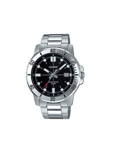 reloj deportivo hombre Casio MTP-VD01D-1E dial negro 45mm correa de acero hebilla triple pliegue resistencia al agua 50m
