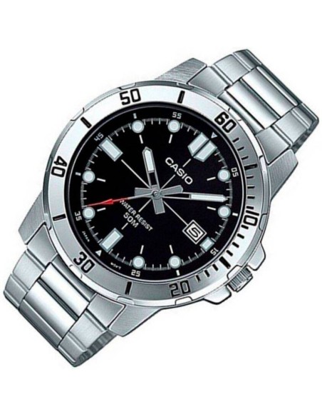 reloj deportivo hombre Casio MTP-VD01D-1E dial negro 45mm correa de acero hebilla triple pliegue resistencia al agua 50m