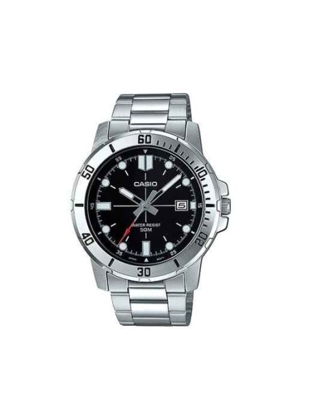 reloj deportivo hombre Casio MTP-VD01D-1E dial negro 45mm correa de acero hebilla triple pliegue resistencia al agua 50m