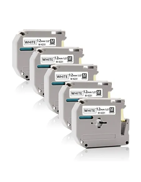 5 Cintas Compatibles No Laminada Brother MK231BZ Etiquetas - Texto negro sobre fondo blanco - Ancho 12mm x 4 metros