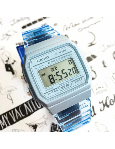Reloj Clásico Casio F91WS-2 Azul corra resina 7 años batería alarma cronómetro
