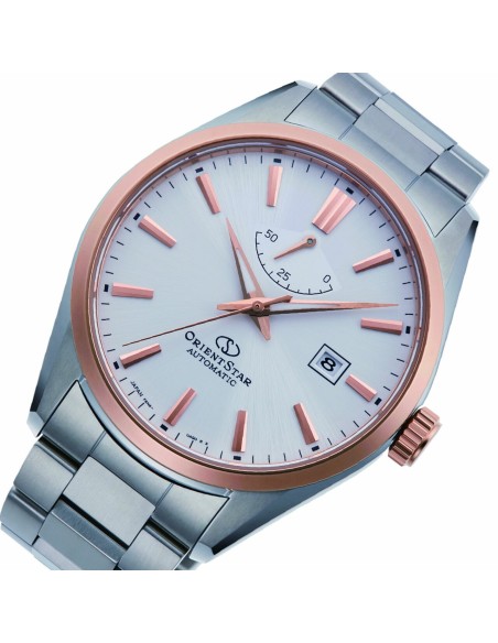 Reloj automático hombre Orient Star RE-AU0401S dial blanco bisel oro rosado Cristal Zafiro