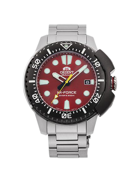 copy of reloj automático hombre buceo Orient M-Force RA-AC0L01B dial negro 45mm correa acero 200m water resist