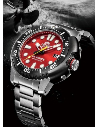 copy of reloj automático hombre buceo Orient M-Force RA-AC0L01B dial negro 45mm correa acero 200m water resist