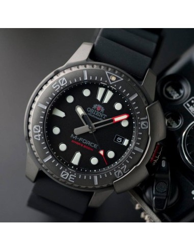 copy of reloj automático hombre buceo Orient M-Force RA-AC0L01B dial negro 45mm correa acero 200m water resist