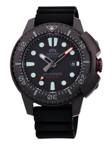 copy of reloj automático hombre buceo Orient M-Force RA-AC0L01B dial negro 45mm correa acero 200m water resist