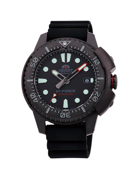copy of reloj automático hombre buceo Orient M-Force RA-AC0L01B dial negro 45mm correa acero 200m water resist