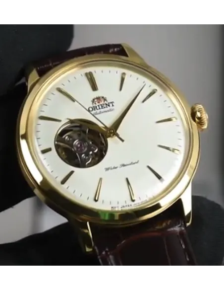 Reloj Automático hombre Orient Bambino RA-AG0003S Open Heart correa cuero oro rosa
