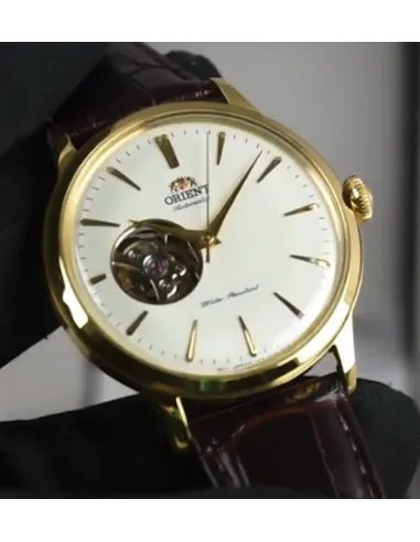 Reloj Automático hombre Orient Bambino RA-AG0003S Open Heart correa cuero oro rosa