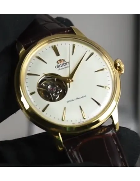 Reloj Automático hombre Orient Bambino RA-AG0003S Open Heart correa cuero oro rosa