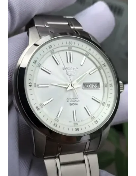 reloj automático hombre Seiko 5 SNKM83K1 dial blanco 43mm correa acero 50m water resist