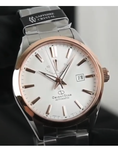 Reloj automático hombre Orient Star RE-AU0401S dial blanco bisel oro rosado Cristal Zafiro