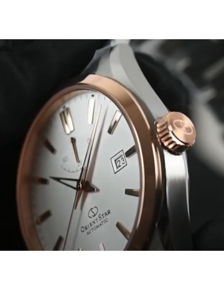 Reloj automático hombre Orient Star RE-AU0401S dial blanco bisel oro rosado Cristal Zafiro