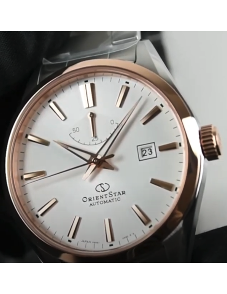 Reloj automático hombre Orient Star RE-AU0401S dial blanco bisel oro rosado Cristal Zafiro