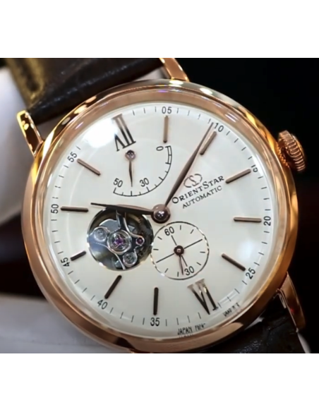 Reloj Automático hombre Orient Star RE-AV0001S oro rosa crista zafiro correa cuero Power Reserve 50H