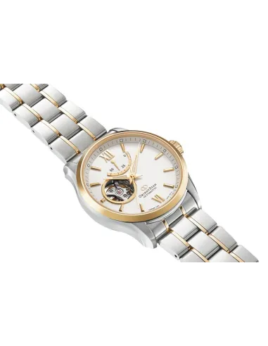 reloj automático hombre Orient Star RE-AT0004S dial blanco 39.3mm bisel dorado correa acero 2 tonos