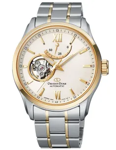 reloj automático hombre Orient Star RE-AT0004S dial blanco 39.3mm bisel dorado correa acero 2 tonos