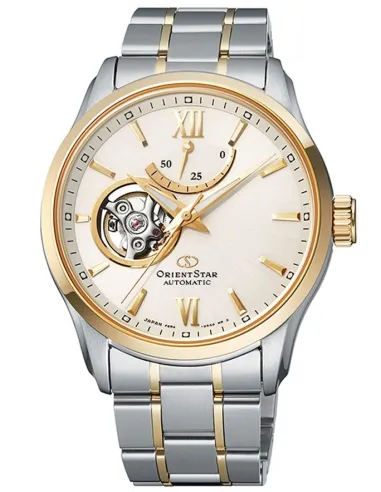reloj automático hombre Orient Star RE-AT0004S dial blanco 39.3mm bisel dorado correa acero 2 tonos