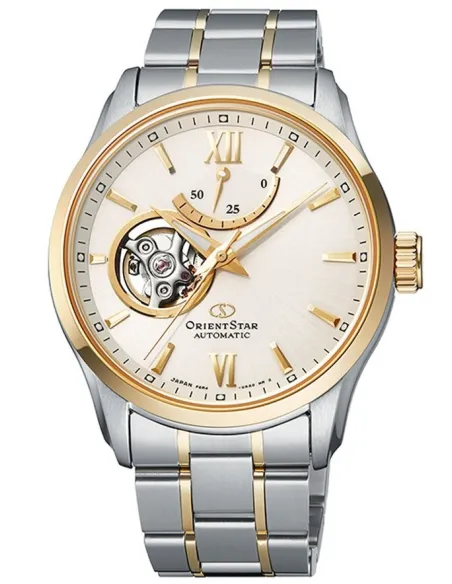 reloj automático hombre Orient Star RE-AT0004S dial blanco 39.3mm bisel dorado correa acero 2 tonos