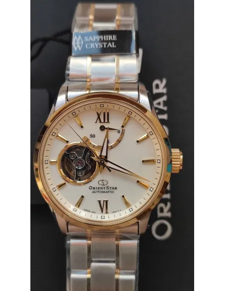 reloj automático hombre Orient Star RE-AT0004S dial blanco 39.3mm bisel dorado correa acero 2 tonos