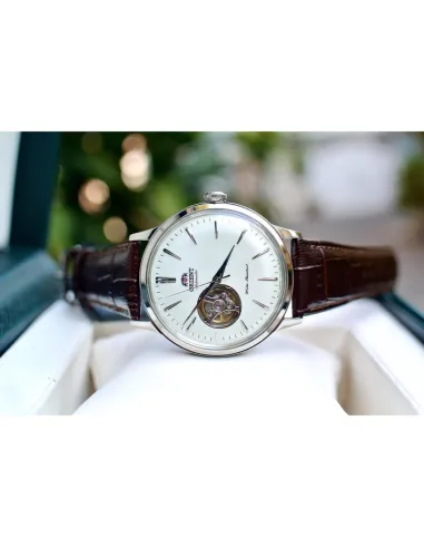 Reloj Hombre Automático Orient RA-AG0002S dial plata 40.5mm Open Heart correa cuero