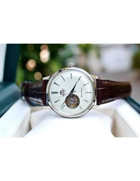 Reloj Hombre Automático Orient RA-AG0002S dial plata 40.5mm Open Heart correa cuero