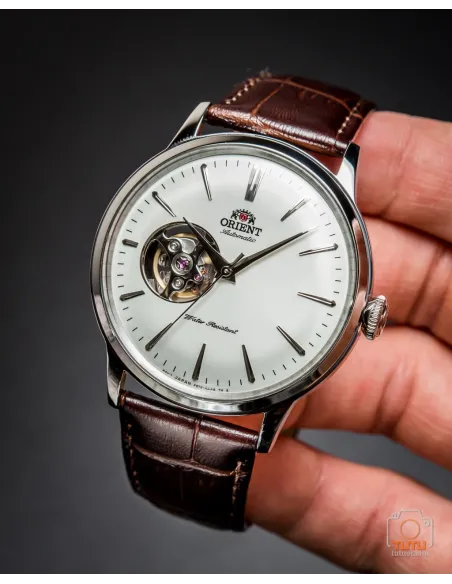 Reloj Hombre Automático Orient RA-AG0002S dial plata 40.5mm Open Heart correa cuero