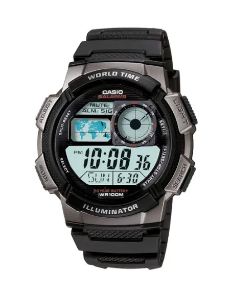 Reloj Casio collection Digital AE-1000w-1bv Hora Mundial - 5 Alarmas - 10 BAR