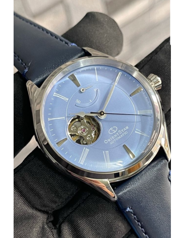 reloj automático hombre Orient Star RE-AT0203L Semi Skeleton dial azul 40.4mm correa de cuero 50h Reserva de Marcha