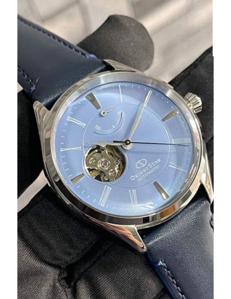 reloj automático hombre Orient Star RE-AT0203L Semi Skeleton dial azul 40.4mm correa de cuero 50h Reserva de Marcha