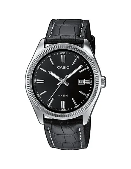 reloj clásico hombre Casio MTP-1302PL-1A Pantalla Neón dial negro correa cuero