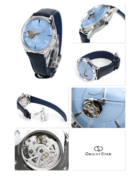 reloj automático hombre Orient Star RE-AT0203L Semi Skeleton dial azul 40.4mm correa de cuero 50h Reserva de Marcha