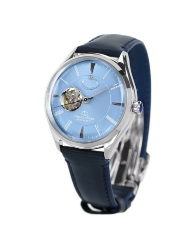 reloj automático hombre Orient Star RE-AT0203L Semi Skeleton dial azul 40.4mm correa de cuero 50h Reserva de Marcha