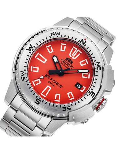 reloj de buceo automático hombre Orient M-Force RA-AC0N02Y dial naranja 45mm correa acero 200m water resist Cristal Zafiro