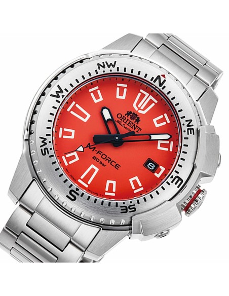 reloj de buceo automático hombre Orient M-Force RA-AC0N02Y dial naranja 45mm correa acero 200m water resist Cristal Zafiro