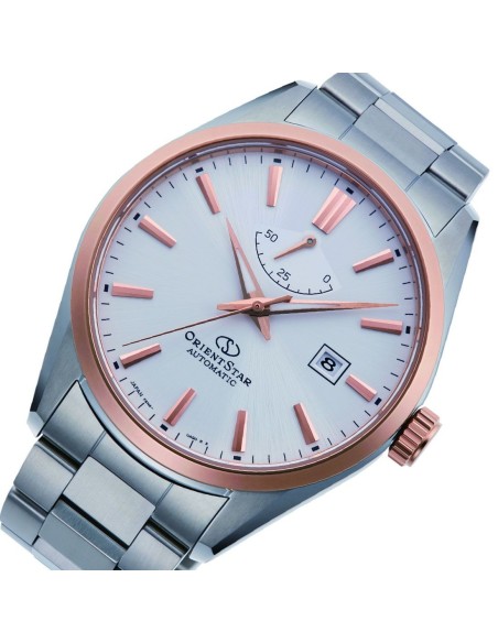 Reloj automático hombre Orient Star RE-AU0401S dial blanco bisel oro rosado Cristal Zafiro