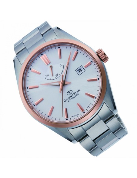 Reloj automático hombre Orient Star RE-AU0401S dial blanco bisel oro rosado Cristal Zafiro