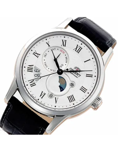 reloj automático hombre Orient Sun & Moon RA-AK0008S dial blanco 42.5mm Cristal Zafiro correa cuero
