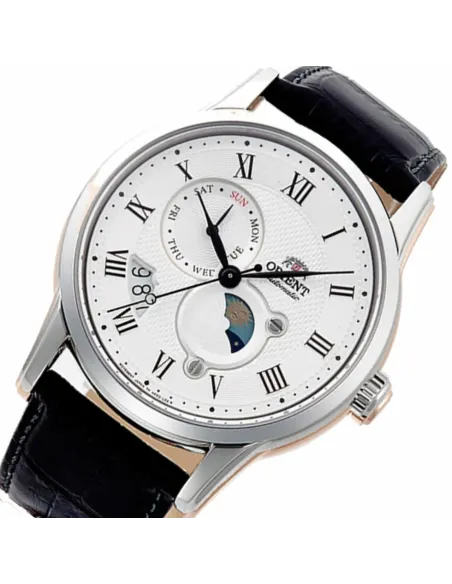 reloj automático hombre Orient Sun & Moon RA-AK0008S dial blanco 42.5mm Cristal Zafiro correa cuero