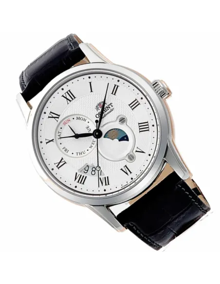 reloj automático hombre Orient Sun & Moon RA-AK0008S dial blanco 42.5mm Cristal Zafiro correa cuero