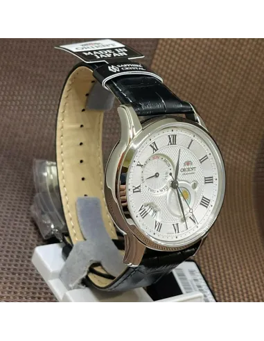 reloj automático hombre Orient Sun & Moon RA-AK0008S dial blanco 42.5mm Cristal Zafiro correa cuero
