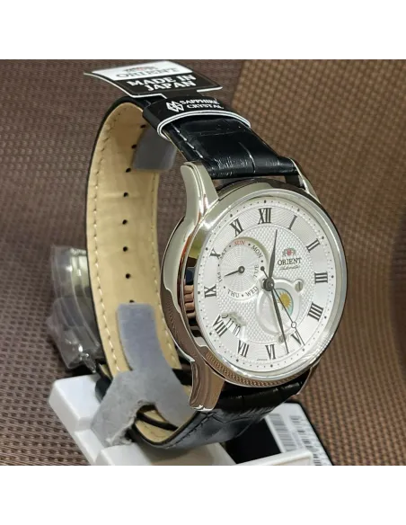 reloj automático hombre Orient Sun & Moon RA-AK0008S dial blanco 42.5mm Cristal Zafiro correa cuero