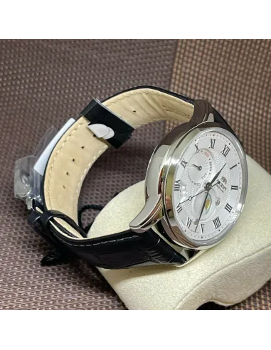 reloj automático hombre Orient Sun & Moon RA-AK0008S dial blanco 42.5mm Cristal Zafiro correa cuero