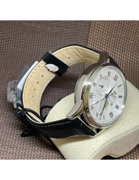 reloj automático hombre Orient Sun & Moon RA-AK0008S dial blanco 42.5mm Cristal Zafiro correa cuero