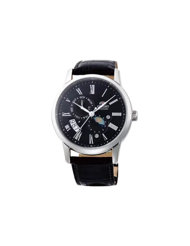 reloj automático hombre Orient Sun & Moon RA-AK0010B dial negro 42.5mm Cristal Zafiro correa cuero 50m