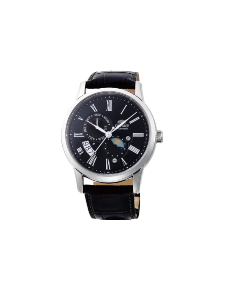reloj automático hombre Orient Sun & Moon RA-AK0010B dial negro 42.5mm Cristal Zafiro correa cuero 50m