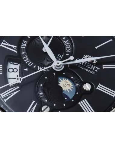 reloj automático hombre Orient Sun & Moon RA-AK0010B dial negro 42.5mm Cristal Zafiro correa cuero 50m