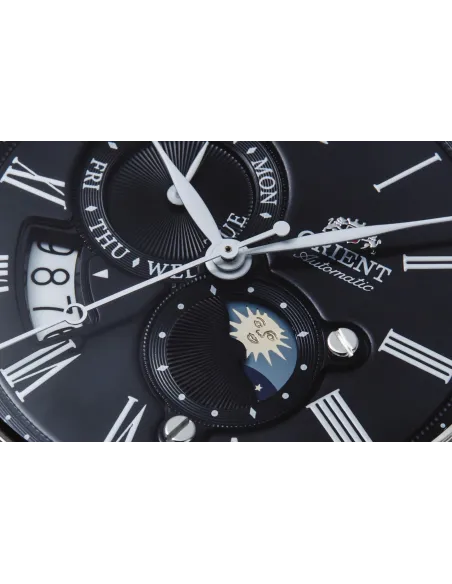 reloj automático hombre Orient Sun & Moon RA-AK0010B dial negro 42.5mm Cristal Zafiro correa cuero 50m