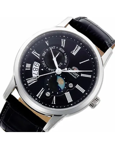 reloj automático hombre Orient Sun & Moon RA-AK0010B dial negro 42.5mm Cristal Zafiro correa cuero 50m
